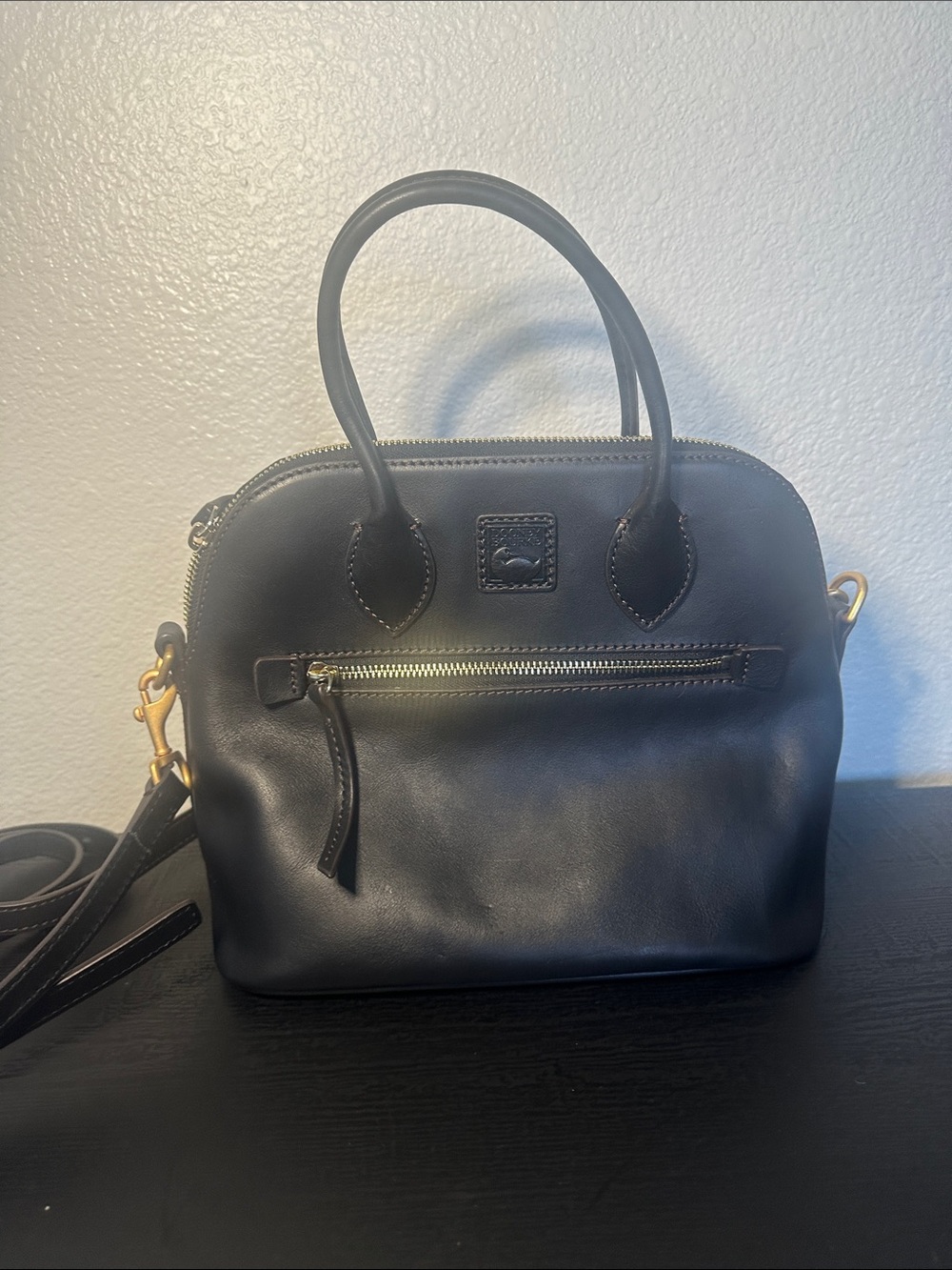 Dooney & Bourke Black Leather Dome Satchel with Gold Hardware